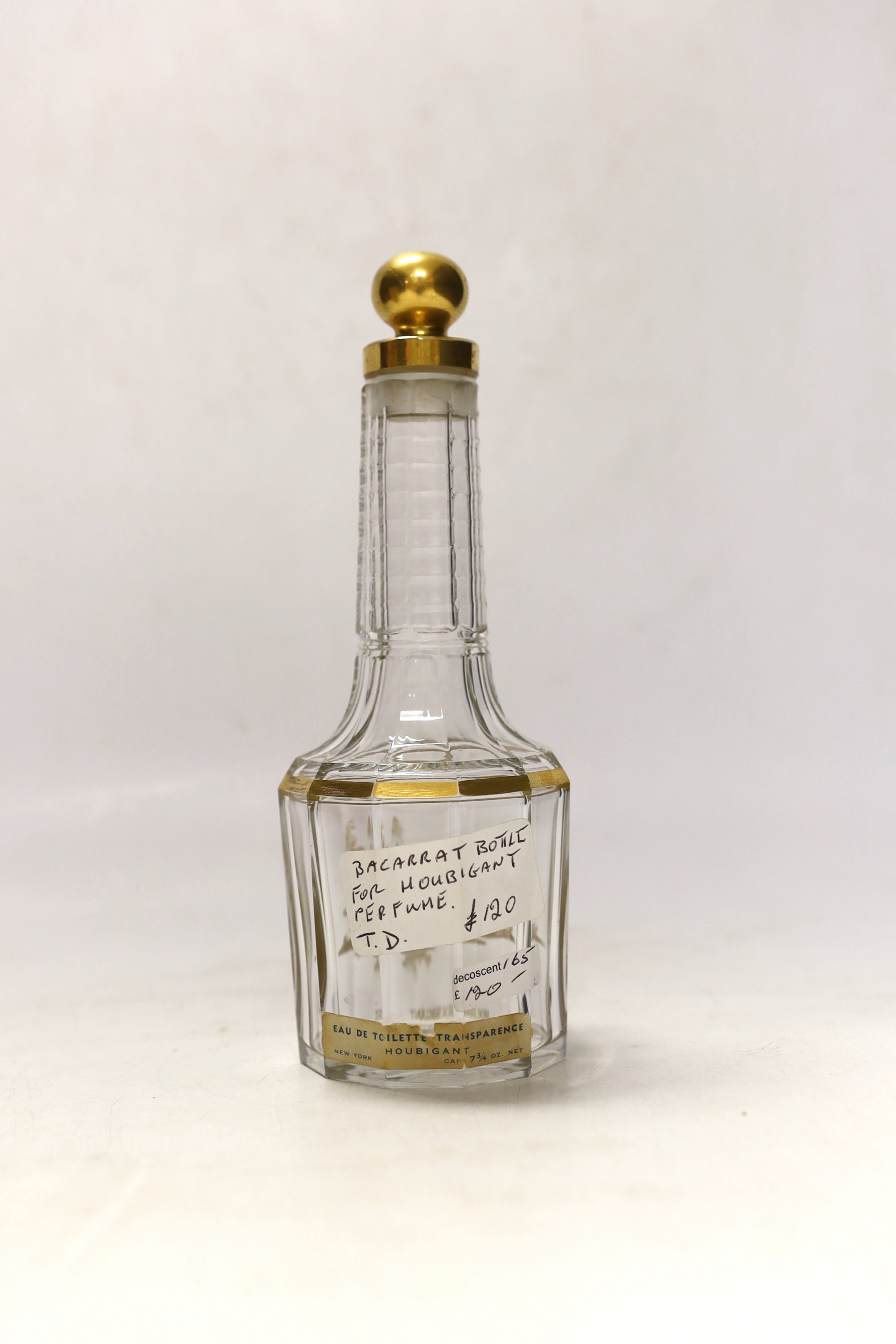 An Annick Gontal, Paris Baccarat perfume atomiser, boxed, together with three Houbigant perfume gilt decorated Baccarat bottles, one with two door peach leather case, tallest Houbigan perfume bottle, 20cm high including